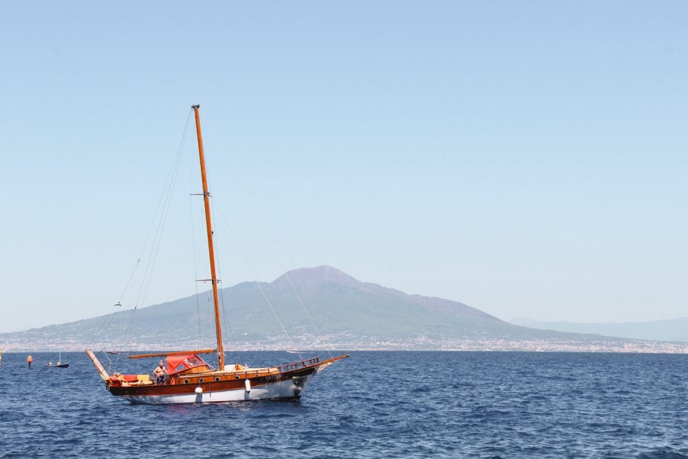 Sorrento - View of Vesuvius with Sail Boat